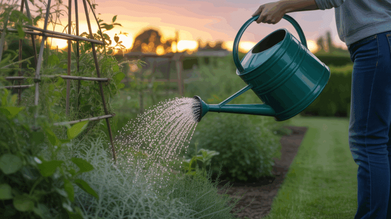 jardin soir arrosoir soleil couchant