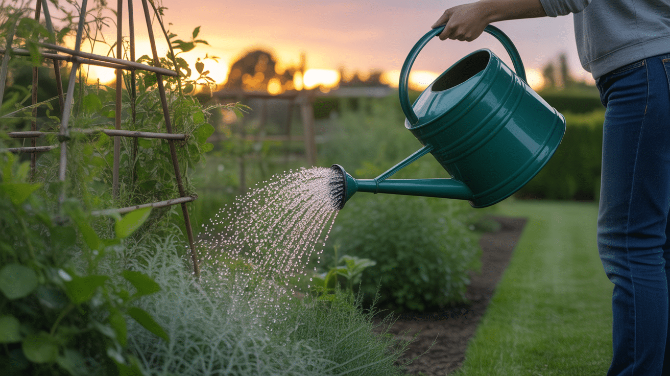 jardin soir arrosoir soleil couchant